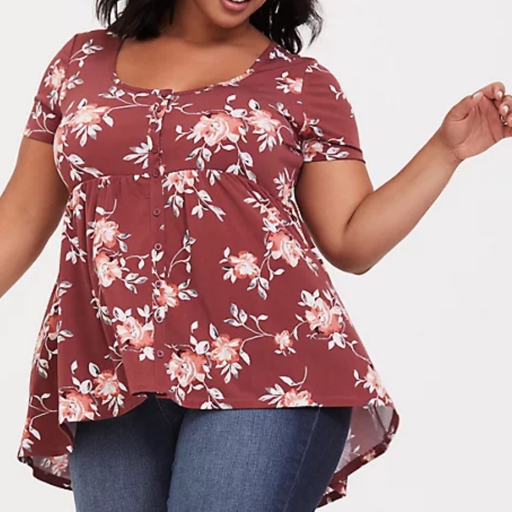 Torrid burgundy wine red floral high low babydoll short sleeve shirt blouse 2x